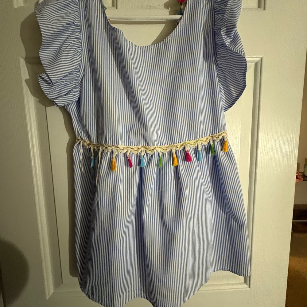 Blue Striped Top with Colorful Tassels